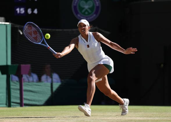 6th July 2026; All England Lawn Tennis and Croquet Club, London, England; Wimbledon Tennis Tournament, Day Eight; Madison Keys (USA) with a forehand shot to Linda Noskova (CZE) JohnxPatrickxFletcher