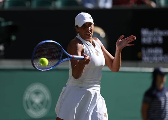 6th July 2026; All England Lawn Tennis and Croquet Club, London, England; Wimbledon Tennis Tournament, Day Eight; Madison Keys (USA) with a forehand shot to Linda Noskova (CZE) JohnxPatrickxFletcher