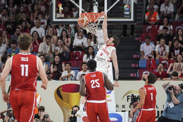 Turkiye v Switzerland - FIBA Basketball World Cup 2027 European Qualifiers ISTANBUL, TURKIYE - JULY 6: Sehmus Hazer (2) of Turkiye in action against Dimitri Clerc (25) of Switzerland during the first round of the 2027 World Cup European Qualifiers Group C basketball match between Turkiye and Switzerland at Sinan Erdem Sports Hall in Istanbul, Turkiye, on July 6, 2026. Beyza Comert Anadolu Istanbul Turkey. Editorial use only. Please get in touch for any other usage.  Copyright: x2026xAnadoluxBeyzaxComertx