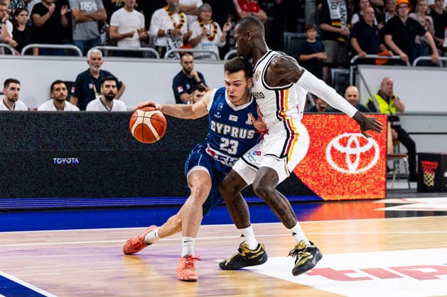 BAMBERG, GERMANY - JULY 06: Stefanos Tigkas (Cyprus, 23) controls the ball against Dennis Schroeder (Schröder, Schroder, Germany, 17) during the FIBA Basketball World Cup European Qualifiers match between Germany vs. Cyprus at Brose Arena on July 06, 2026 in Bamberg, Germany. Bavaria Germany Copyright: xSteffiexWunderlx