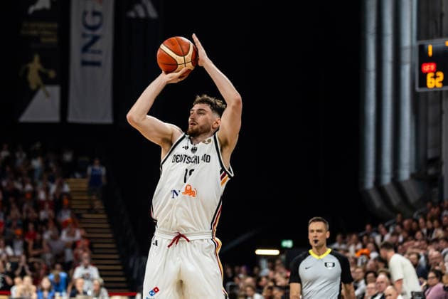 GER, FIBA Basketball World Cup 2027, European Qualifiers, Deutschland-Zypern. 06.07.2026, Brose Arena, Bamberg, GER, FIBA Basketball World Cup 2027, European Qualifiers, Deutschland-Zypern. Kay Bruhnke (Deutschland, No19) Â Foto: Alexander Trienitz Bamberg Brose Arena Bayern Deutschland *** GER, 2027 FIBA Basketball World Cup, European Qualifiers, Germany vs. Cyprus, July 6, 2026, Brose Arena, Bamberg, GER, FIBA Basketball World Cup 2027, European Qualifiers, Germany vs. Cyprus, Kay Bruhnke (Germany), No. 19. Photo by Alexander Trienitz, Bamberg, Brose Arena, Bavaria, Germany