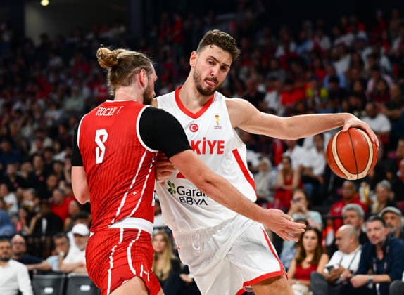 Turkiye v Switzerland - 2027 World Cup European Qualifiers ISTANBUL, TURKIYE - JULY 6: Alperen Sengun (23) of Turkiye in action against Toni Rocak (L) of Switzerland during the first round of the 2027 World Cup European Qualifiers Group C basketball match between Turkiye and Switzerland at Sinan Erdem Dome in Istanbul, Turkiye on July 6, 2026. Elif Ozturk Anadolu Istanbul Turkey. Editorial use only. Please get in touch for any other usage.  Copyright: x2026xAnadoluxElifxOzturkx