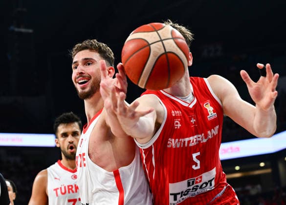 Turkiye v Switzerland - 2027 World Cup European Qualifiers ISTANBUL, TURKIYE - JULY 6: Alperen Sengun (23) of Turkiye in action against Niko Rocak (R) of Switzerland during the first round of the 2027 World Cup European Qualifiers Group C basketball match between Turkiye and Switzerland at Sinan Erdem Dome in Istanbul, Turkiye, on July 6, 2026. Elif Ozturk Anadolu Istanbul Turkey. Editorial use only. Please get in touch for any other usage.  Copyright: x2026xAnadoluxElifxOzturkx