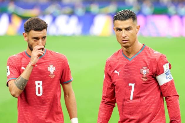 RECORD DATE NOT STATED FIFA World Cup, WM, Weltmeisterschaft, Fussball 2026 - Round of 16 - Portugal v Spain Cristiano Ronaldo and Bruno Fernandes players of Portugal during the Round of 16 match between Portugal and Spain at the FIFA World Cup, at Dallas Stadium, in Texas, United States, on Monday, July 06, 2026.(Foto: William Volcov Brazil Photo Press IMAGO) Sports Arlington TX United States Copyright: xWILLIAMxVOLCOVx