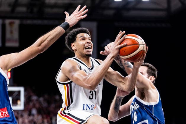 BAMBERG, GERMANY - JULY 06: Sananda Fru (Germany, 31) controls the ball against Kyprianos Maragkos (Cyprus, 14) during the FIBA Basketball World Cup European Qualifiers match between Germany vs. Cyprus at Brose Arena on July 06, 2026 in Bamberg, Germany. Bavaria Germany Copyright: xSteffiexWunderlx
