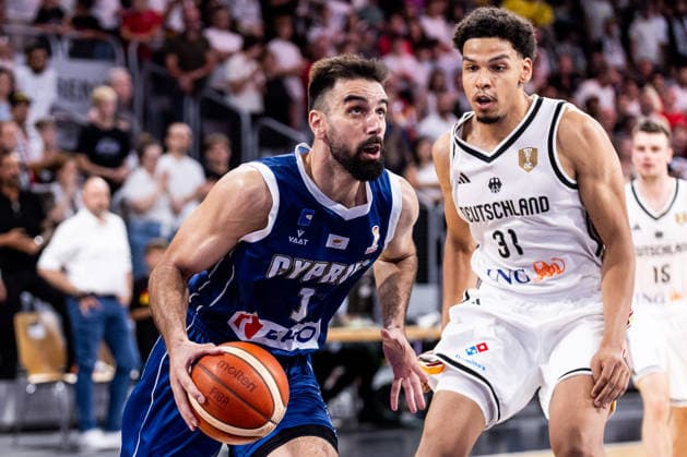 BAMBERG, GERMANY - JULY 06: Christos Loizides (Cyprus, 1) controls the ball against Sananda Fru (Germany, 31) during the FIBA Basketball World Cup European Qualifiers match between Germany vs. Cyprus at Brose Arena on July 06, 2026 in Bamberg, Germany. Bavaria Germany Copyright: xSteffiexWunderlx