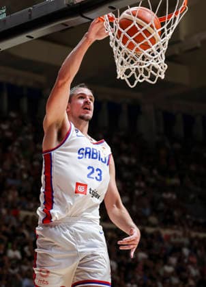 Serbia v Bosnia - FIBA World Cup 2027 Qualifiers Nikola Djurisic of Serbia dunks the ball during the FIBA World Cup 2027 Qualifiers match between Serbia and Bosnia and Herzegovina at Aleksandar Nikolic Hall on July 06, 2026 in Belgrade, Serbia. Belgrade Serbia Copyright: xSrdjanxStevanovicx x