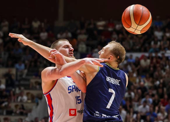 Serbia v Bosnia - FIBA World Cup 2027 Qualifiers Nikola Jokic (L) of Serbia in action against Adin Vrabac of Bosnia and Herzegovina during the FIBA World Cup 2027 Qualifiers match between Serbia and Bosnia and Herzegovina at Aleksandar Nikolic Hall on July 06, 2026 in Belgrade, Serbia. Belgrade Serbia Copyright: xSrdjanxStevanovicx x