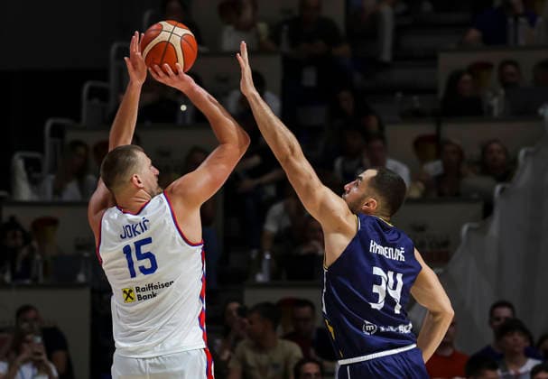 Serbia v Bosnia - FIBA World Cup 2027 Qualifiers Nikola Jokic (L) of Serbia in action against Kenan Kamenjas of Bosnia and Herzegovina during the FIBA World Cup 2027 Qualifiers match between Serbia and Bosnia and Herzegovina at Aleksandar Nikolic Hall on July 06, 2026 in Belgrade, Serbia. Belgrade Serbia Copyright: xSrdjanxStevanovicx x