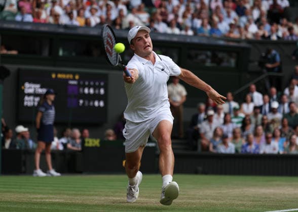 6th July 2026; All England Lawn Tennis and Croquet Club, London, England; Wimbledon Tennis Tournament, Day Eight; Arthur Fery (GBR) with a forehand shot to Grigor Dimitrov (BUL) JohnxPatrickxFletcher