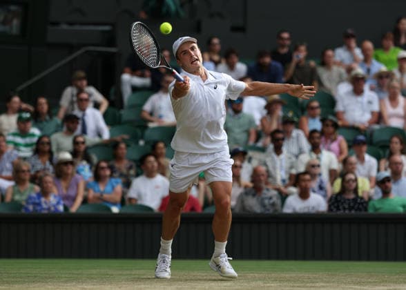 6th July 2026; All England Lawn Tennis and Croquet Club, London, England; Wimbledon Tennis Tournament, Day Eight; Arthur Fery (GBR) with a forehand shot to Grigor Dimitrov (BUL) JohnxPatrickxFletcher