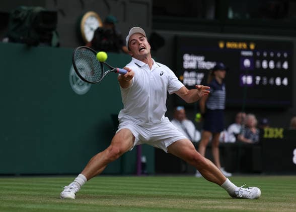 6th July 2026; All England Lawn Tennis and Croquet Club, London, England; Wimbledon Tennis Tournament, Day Eight; Arthur Fery (GBR) with a forehand shot to Grigor Dimitrov (BUL) JohnxPatrickxFletcher