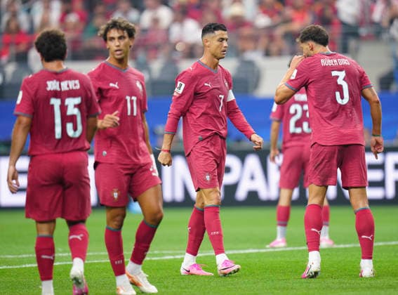 (260707) -- DALLAS, July 7, 2026 -- Cristiano Ronaldo (C) of Portugal reacts during the round of 16 match between Spain and Portugal at the 2026 FIFA World Cup, WM, Weltmeisterschaft, Fussball at Dallas Stadium in Dallas, the United States, July 6, 2026. ) (SP)U.S.-DALLAS-FOOTBALL-FIFA WORLD CUP-ROUND OF 16-ESP VS POR JiaxHaocheng 