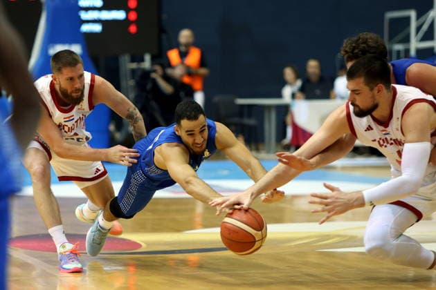 Croatia, Osijek, 060726. City Garden Hall. Match of the 6th round of the first round of qualification for the 2027 Basketball World Cup Croatia - Israel. In the photo: Dominik Mavra, Ivica Zubac. Photo: Marin Franov CROPIX Copyright: xxMarinxFranovx hrvatska_izrael70-060726
