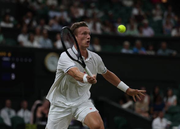 6th July 2026; All England Lawn Tennis and Croquet Club, London, England; Wimbledon Tennis Tournament, Day Eight; Jiri Lehecka (CZE) with a forehand shot to Alexander Zverev (GER) JohnxPatrickxFletcher