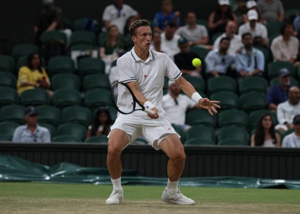 6th July 2026; All England Lawn Tennis and Croquet Club, London, England; Wimbledon Tennis Tournament, Day Eight; Jiri Lehecka (CZE) with a forehand shot to Alexander Zverev (GER) JohnxPatrickxFletcher