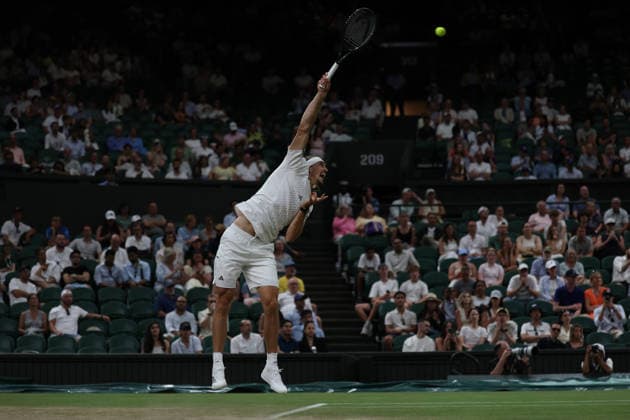 6th July 2026; All England Lawn Tennis and Croquet Club, London, England; Wimbledon Tennis Tournament, Day Eight; Alexander Zverev (GER) serves to Jiri Lehecka (CZE) JohnxPatrickxFletcher