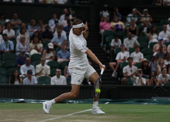 6th July 2026; All England Lawn Tennis and Croquet Club, London, England; Wimbledon Tennis Tournament, Day Eight; Alexander Zverev (GER) with a forehand shot to Jiri Lehecka (CZE) JohnxPatrickxFletcher
