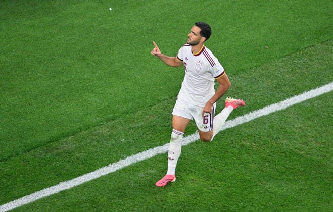 FIFA World Cup, WM, Weltmeisterschaft, Fussball 2026 - Round of 16 - Portugal vs Spain Mikel Merino of Spain celebrates scoring the 1-0 during the FIFA World Cup 2026 Round of 16 match Portugal against Spain, in Dallas, USA, 06 July 2026. DALLAS United States  Copyright: xSAMxWASSONx