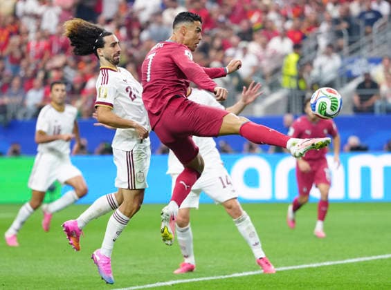 (260707) -- DALLAS, July 7, 2026 -- Cristiano Ronaldo (front R) of Portugal competes during the round of 16 match between Spain and Portugal at the 2026 FIFA World Cup, WM, Weltmeisterschaft, Fussball at Dallas Stadium in Dallas, the United States, July 6, 2026. ) (SP)U.S.-DALLAS-FOOTBALL-FIFA WORLD CUP-ROUND OF 16-ESP VS POR JiaxHaocheng 