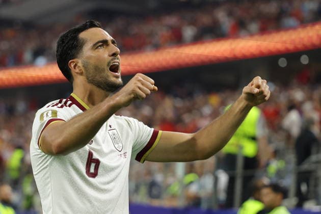 FIFA World Cup, WM, Weltmeisterschaft, Fussball 2026 - Round of 16 - Portugal vs Spain Mikel Merino of Spain celebrates after scoring the 1-0 lead during the FIFA World Cup 2026 Round of 16 match Portugal against Spain, in Dallas, USA, 06 July 2026. DALLAS United States  Copyright: xCHRISTOPHERxNEUNDORFx