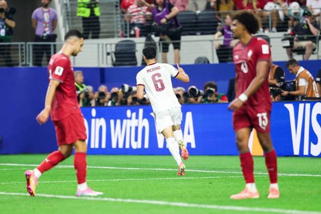 RECORD DATE NOT STATED FIFA World Cup, WM, Weltmeisterschaft, Fussball 2026 - Round of 16 - Portugal v Spain Mikel Merino player of Spain celebrates his goal during the Round of 16 match between Portugal and Spain at the FIFA World Cup, at Dallas Stadium, in Texas, United States, on Monday, July 06, 2026.(Foto: William Volcov Brazil Photo Press IMAGO) Sports Arlington TX United States Copyright: xWILLIAMxVOLCOVx