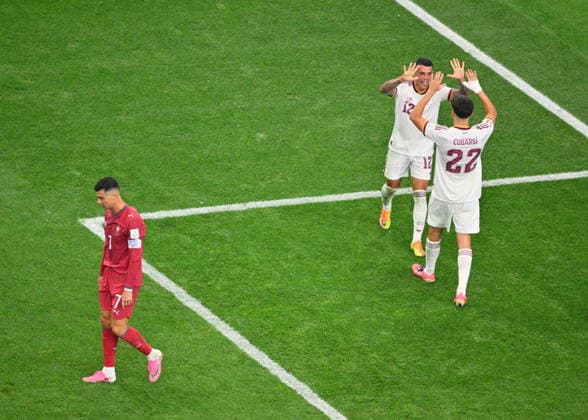 FIFA World Cup, WM, Weltmeisterschaft, Fussball 2026 - Round of 16 - Portugal vs Spain Cristiano Ronaldo of Portugal (L) and Pedro Porro and Pau Cubarsi of Spain react after the FIFA World Cup 2026 Round of 16 match Portugal against Spain, in Dallas, USA, 06 July 2026. DALLAS United States  Copyright: xSAMxWASSONx