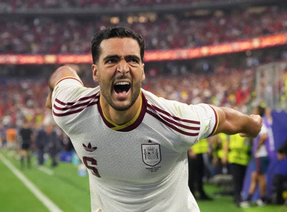 (260707) -- DALLAS, July 7, 2026 -- Mikel Merino of Spain celebrates a goal during the round of 16 match between Spain and Portugal at the 2026 FIFA World Cup, WM, Weltmeisterschaft, Fussball at Dallas Stadium in Dallas, the United States, July 6, 2026. ) (SP)U.S.-DALLAS-FOOTBALL-FIFA WORLD CUP-ROUND OF 16-ESP VS POR WuxXiaoling 