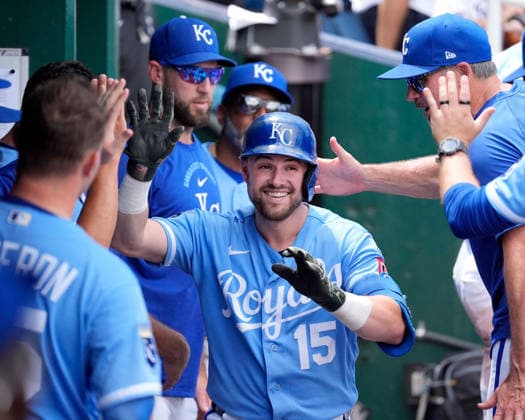 July 06, 2026: Kansas City Royals center fielder Lane Thomas (15) celebrates scoring against the Phillies at Kauffman Stadium Kansas City, Missouri. CSM. MLB, Baseball Herren, USA 2026; Phillies Vs Royals July 6th  - ZUMAc04_ 20260706_zma_c04_028 Copyright: xJonxRobichaudx