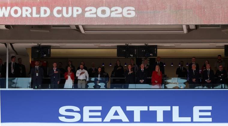 US Soccer federation president Cindy Parlow Cone, FIFA President Gianni Infantino and RBFA chairwoman Pascale Van Damme pictured during a soccer game between the USA and Belgian national team, Nationalteam Red Devils, on Monday 06 July 2026, at the Seattle Field, in Seattle, a 1 8 finals game in the FIFA World Cup, WM, Weltmeisterschaft, Fussball 2026. BRUNOxFAHY  x180552835x