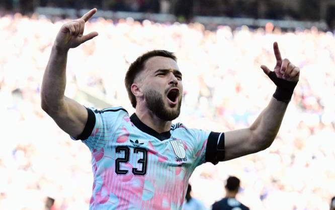 Belgium s Nicolas Raskin celebrates after scoring the 0-1 goal during a soccer game between the USA and Belgian national team, Nationalteam Red Devils, on Monday 06 July 2026, at the Seattle Field, in Seattle, a 1 8 finals game in the FIFA World Cup, WM, Weltmeisterschaft, Fussball 2026. DIRKxWAEM  x180552996x