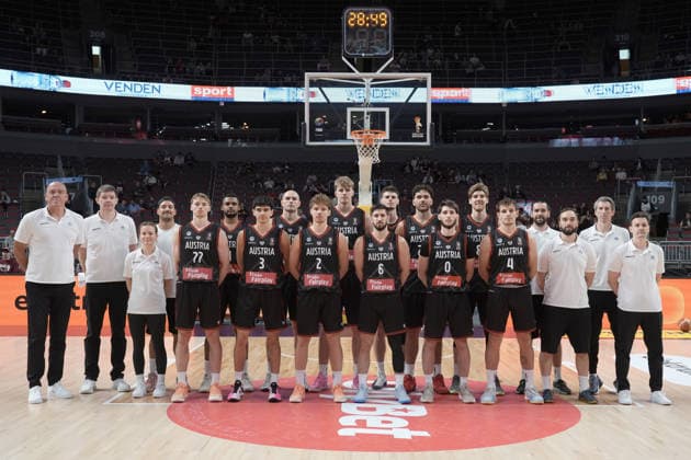 Basketball Latvia-Austria, Riga, Latvia, 06.07.2026, basket, basketball Team Austria players stand for photo before FIBA World Cup 2027 European qualifiers group F game between Latvia™s and Austria™s national basketball teams. Riga, Latvia, 06.07.2026. Photo: Roman Koksarov (RKF) Riga Latvia Copyright: xRomanxKoksarovx baskLAT-AUT20260706rk17.JPG