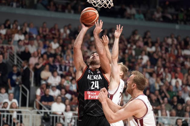 Basketball Latvia-Austria, Riga, Latvia, 06.07.2026, basket, basketball Nordin Kapic of Austria in action during FIBA World Cup 2027 European qualifiers group F game between Latvia™s and Austria™s national basketball teams. Riga, Latvia, 06.07.2026. Photo: Roman Koksarov (RKF) Riga Latvia Copyright: xRomanxKoksarovx baskLAT-AUT20260706rk340.JPG