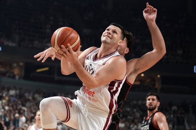 Basketball Latvia-Austria, Riga, Latvia, 06.07.2026, basket, basketball Rihards Lomazs of Latvia and Nordin Kapic of Austria in action during FIBA World Cup 2027 European qualifiers group F game between Latvia™s and Austria™s national basketball teams. Riga, Latvia, 06.07.2026. Photo: Roman Koksarov (RKF) Riga Latvia Copyright: xRomanxKoksarovx baskLAT-AUT20260706rk407.JPG
