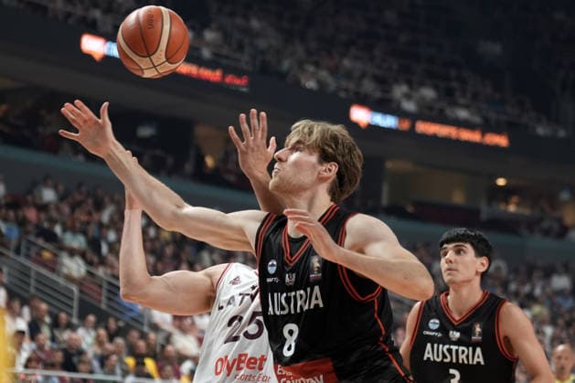 Basketball Latvia-Austria, Riga, Latvia, 06.07.2026, basket, basketball Florian Koppel of Austria and Martins Laksa of Latvia in action during FIBA World Cup 2027 European qualifiers group F game between Latvia™s and Austria™s national basketball teams. Riga, Latvia, 06.07.2026. Photo: Roman Koksarov (RKF) Riga Latvia Copyright: xRomanxKoksarovx baskLAT-AUT20260706rk713.JPG