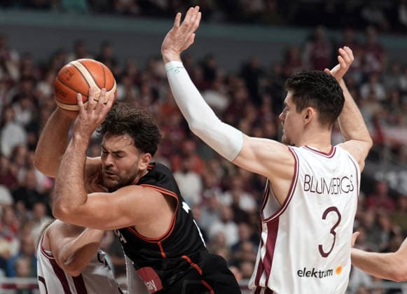Basketball Latvia-Austria, Riga, Latvia, 06.07.2026, basket, basketball Nordin Kapic of Austria and Roberts Blumbergs of Latvia in action during FIBA World Cup 2027 European qualifiers group F game between Latvia™s and Austria™s national basketball teams. Riga, Latvia, 06.07.2026. Photo: Roman Koksarov (RKF) Riga Latvia Copyright: xRomanxKoksarovx baskLAT-AUT20260706rk315.JPG