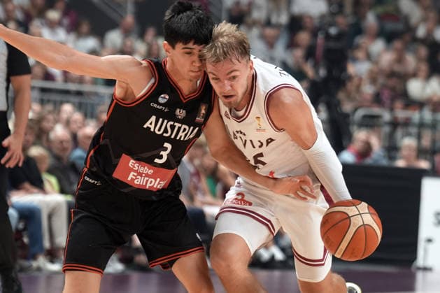 Basketball Latvia-Austria, Riga, Latvia, 06.07.2026, basket, basketball Arturs Zagars of Latvia and Nico Zeleznik of Austria in action during FIBA World Cup 2027 European qualifiers group F game between Latvia™s and Austria™s national basketball teams. Riga, Latvia, 06.07.2026. Photo: Roman Koksarov (RKF) Riga Latvia Copyright: xRomanxKoksarovx baskLAT-AUT20260706rk678.JPG