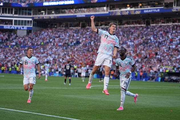 USA v Belgium - FIFA World Cup, WM, Weltmeisterschaft, Fussball 2026 - Round of 16 SEATTLE, USA - JULY 6: Charles De Ketelaere (17) of Belgium celebrates after scoring a goal during the 2026 FIFA World Cup Round of 16 match between USA and Belgium at Lumen Field (Seattle Stadium) in Seattle, Washington, United States on July 6, 2026. Ercin Erturk Anadolu Washington United States. Editorial use only. Please get in touch for any other usage.  Copyright: x2026xAnadoluxErcinxErturkx