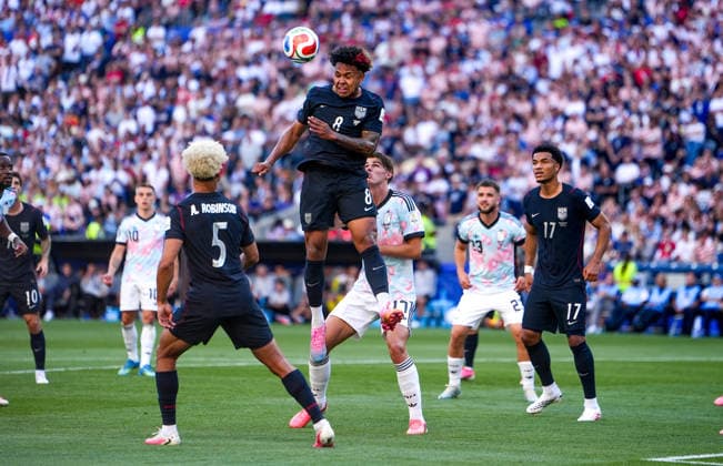 USA v Belgium - FIFA World Cup, WM, Weltmeisterschaft, Fussball 2026 - Round of 16 SEATTLE, USA - JULY 6: Weston McKennie (8) of USA in action during the 2026 FIFA World Cup Round of 16 match between USA and Belgium at Lumen Field (Seattle Stadium) in Seattle, Washington, United States on July 6, 2026. Ercin Erturk Anadolu Washington United States. Editorial use only. Please get in touch for any other usage.  Copyright: x2026xAnadoluxErcinxErturkx