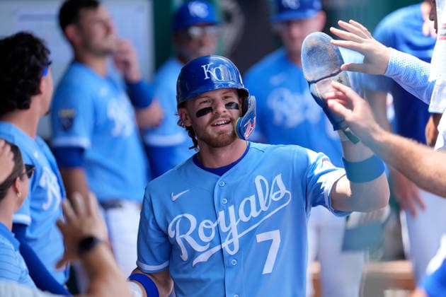 July 06, 2026: Kansas City Royals shortstop Bobby Witt Jr. (7) is congratulated after scoring against the Phillies at Kauffman Stadium Kansas City, Missouri. CSM. Kansas City United States - ZUMAc04_ 20260706_zma_c04_039 Copyright: xJonxRobichaudx