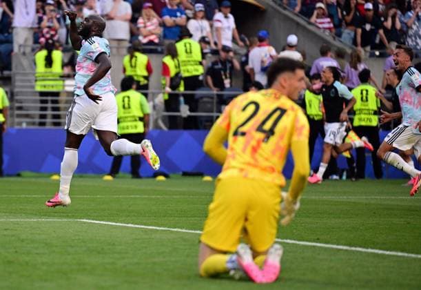 Belgium s Romelu Lukaku celebrates after scoring the 1-4 goal during a soccer game between the USA and Belgian national team, Nationalteam Red Devils, on Monday 06 July 2026, at the Seattle Field, in Seattle, a 1 8 finals game in the FIFA World Cup, WM, Weltmeisterschaft, Fussball 2026. DIRKxWAEM  x180554844x