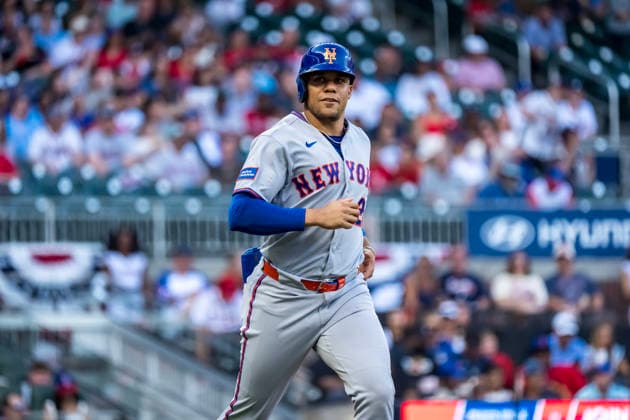 July 6, 2026, Atlanta, Georgia, USA: New York Mets left fielder Juan Soto (22) gets walked while playing against the Atlanta Braves at Truist Park in ATLANTA, Georgia. Atlanta USA - ZUMAa161 20260706_aaa_a161_028 Copyright: xWalterxArcex xGMGx