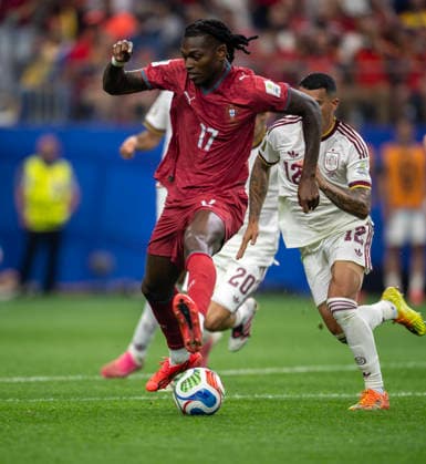 July 6, 2026, Arlington, Texas, USA: Portugal player 17 Fwd RAFAEL LEAO going for the ball against Spain player 12 Def PEDRO PORRO World Cup 2026: RD 16: Portugal Vs Spain 0-1  - ZUMAm147 20260706_zap_m147_024 Copyright: xHossxMcBainx