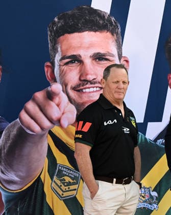 RUGBY LEAGUE WORLD CUP 100 DAYS, Kangaroos coach Kevin Walters is seen beside a photo of Nathan Cleary during the 100 Days To Go to the Rugby League World Cup 2026 event at Suncorp Stadium in Brisbane, Tuesday, July 7, 2026. ( NO ARCHIVING Brisbane New South Wales Australia  Copyright: xDarrenxEnglandx 20260707198982703645