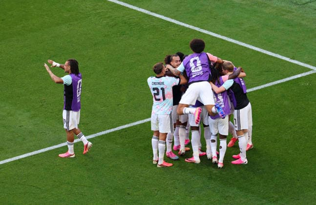 (260707) -- SEATTLE, July 7, 2026 -- Players of Belgium celebrates scoring during the round of 16 match between the United States and Belgium at the 2026 FIFA World Cup, WM, Weltmeisterschaft, Fussball at Seattle Stadium in Seattle, the United States, July 6, 2026. ) (SP)U.S.-SEATTLE-FOOTBALL-FIFA WORLD CUP-ROUND OF 16-USA VS BEL BaixXuefei 