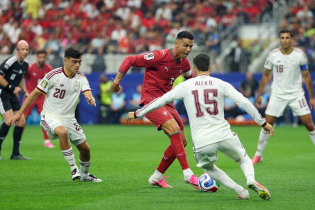 ARLINGTON, TEXAS - JULY 06: Cristiano Ronaldo of Portugal competes for the ball during the FIFA World Cup, WM, Weltmeisterschaft, Fussball 2026 Round of 16 match between Portugal and Spain at Dallas Stadium on July 6, 2026 in Arlington, Texas.  Copyright: xVCGx 111652742803