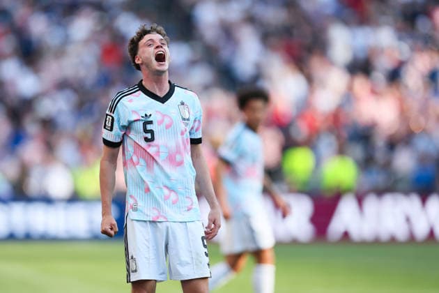 SEATTLE, WA - JULY 06: Defender Maxim De Cuyper 5 of Belgium reacts after the FIFA World Cup, WM, Weltmeisterschaft, Fussball 2026 Round of 16 match between the USA and Belgium on July 6, 2026 at Seattle Stadium in Seattle, Washington. (Photo by Henry Rodenburg Icon Sportswire) SOCCER: JUL 06 FIFA World Cup 26 Round of 16 - USA vs Belgium EDITORIAL USE ONLY Icon260706028