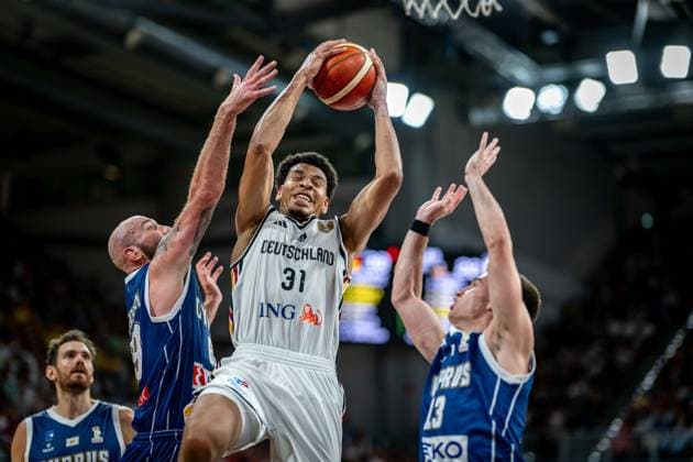 Basketball Bamberg 06.07.2026.2026 FIBA World Cup Qualifier Qualifikation zur Weltmeisterschaft 2027 Deutschland (GER) - Zypern (CYP) Sananda Fru (Deutschland, No.31) Filippos Tigkas (Zypern, No.13) re. Roberto Mantovani (Zypern, No.69) *** Basketball Bamberg July 6, 2026 2026 FIBA World Cup Qualifier Qualification for the 2027 World Cup Germany GER Cyprus CYP Sananda Fru Germany, No. 31 Filippos Tigkas Cyprus, No. 13 re Roberto Mantovani Cyprus, No. 69
