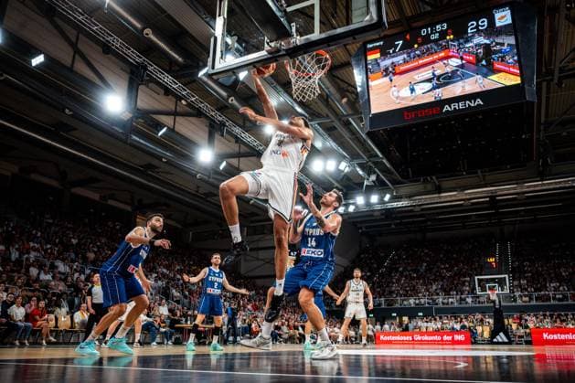 Basketball Bamberg 06.07.2026.2026 FIBA World Cup Qualifier Qualifikation zur Weltmeisterschaft 2027 Deutschland (GER) - Zypern (CYP) Kostja Mushidi (Deutschland, No.29) Kyprianos Maragkos (Zypern, No.14) *** Basketball Bamberg July 6, 2026 2026 FIBA World Cup Qualifier Qualification for the 2027 World Cup Germany GER Cyprus CYP Kostja Mushidi Germany, No. 29 Kyprianos Maragkos Cyprus, No. 14