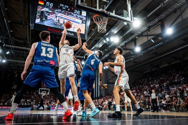 Basketball Bamberg 06.07.2026.2026 FIBA World Cup Qualifier Qualifikation zur Weltmeisterschaft 2027 Deutschland (GER) - Zypern (CYP) Christian Sengfelder (Deutschland, No.43) Ioannis Pashialis (Zypern, No.04) Filippos Tigkas (Zypern, No.13) *** Basketball Bamberg July 6, 2026 2026 FIBA World Cup Qualifier Qualification for the 2027 World Cup Germany GER Cyprus CYP Christian Sengfelder Germany, No. 43 Ioannis Pashialis Cyprus, No. 04 Filippos Tigkas, Cyprus, No. 13